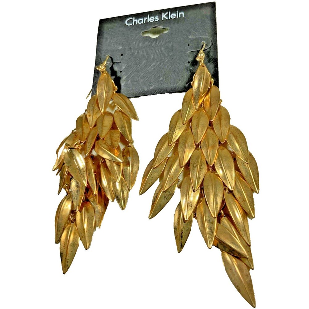 Rare Charles Klein Cascading Leaves Pierced Earrings Gold Tone Dangle 4 Inches